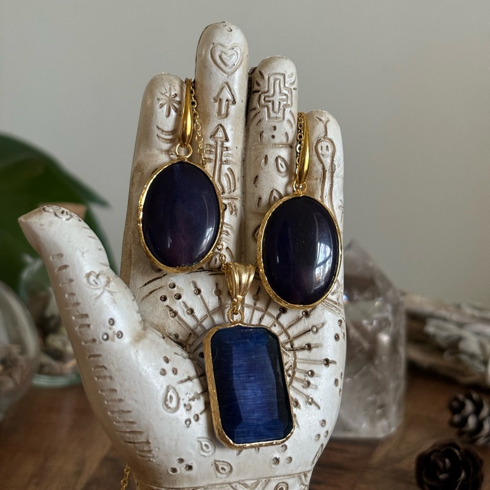 Blue Geometric Jewelry Set with Gold Frame – Bohemian Necklace & Earrings